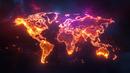 A glowing futuristic world map with neon lines forming trade routes between continents, representing commerceの素材