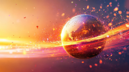 Conceptual globe surrounded by energy trails and data waves, visualizing the digital pulse of the planeの素材