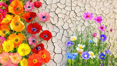 Dry, cracked land merging with vivid flower garden, depicting the transition from hardship to beautyの素材