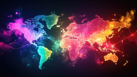 High-tech map of Earth with vivid neon connections linking cities and countries in a digital webの素材