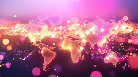 Digital world map lit with vivid neon trade networks, highlighting transportation hubs and economic connectionsの素材