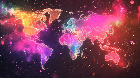 International business visualized through futuristic map with intersecting neon routesの素材