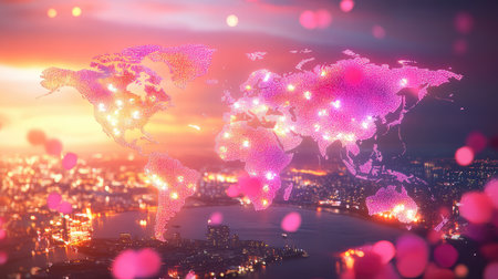 Digital world map lit with vivid neon trade networks, highlighting transportation hubs and economic connectionsの素材