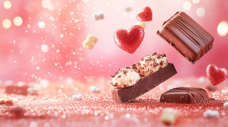 Whimsical red stage with chocolate textures, heart shapes floating around and a soft glitter gradient behindの素材