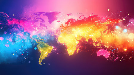 International business visualized through futuristic map with intersecting neon routesの素材