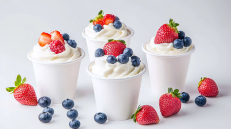 High-resolution image of frozen yogurt cups with strawberries and blueberries, ideal for advertising or packagingの素材