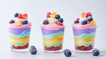 Frozen yogurt parfaits with colorful layers and berry toppings, set on a simple white backgroundの素材