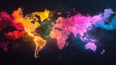 Neon pathways crisscross a digital world map, symbolizing complex global trade networksの素材