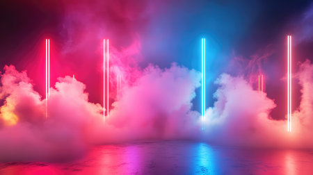 Smoke-filled stage with intersecting red and blue lasers, capturing the high-energy mood of a live performanceの素材
