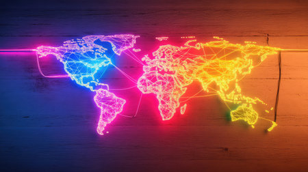 Global economy visualized through vivid neon lines linking countries on a high-tech map interfaceの素材