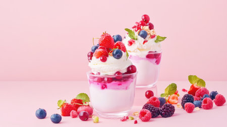 Creamy frozen yogurt in glass cups, overflowing with vibrant berries, styled against a soft pastel backgroundの素材