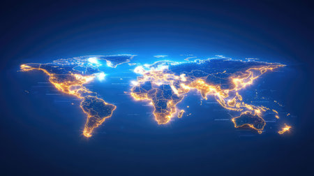 Brightly lit global trade network over a sleek digital map, showing the pulse of international commerceの素材