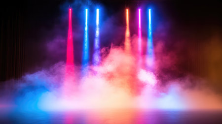 Stage lit by red and blue lasers, fog creating depth and mystery in a vibrant musical atmosphereの素材