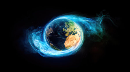 A digital Earth wrapped in flowing data currents, blue and white lines illuminating the concept of connectivityの素材