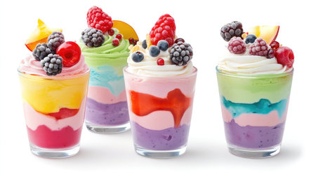 Frozen yogurt parfaits with colorful layers and berry toppings, set on a simple white backgroundの素材