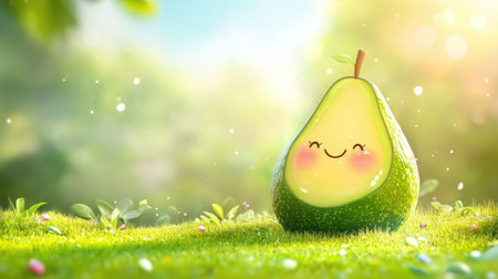 Cheerful avocado illustration resting on vibrant green grass, friendly concept for healthy snacksの素材