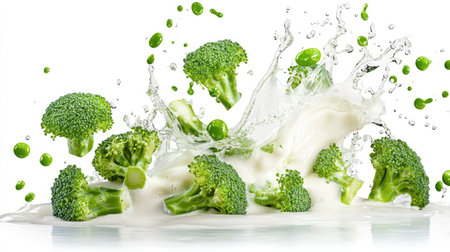 Bright green broccoli florets mid-splash in white creamy liquid, isolated on pure white backgroundの素材