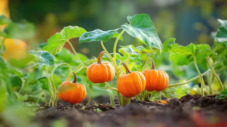 Baby pumpkins on vines in a backyard garden, seasonal colors and rustic harvest settingの素材
