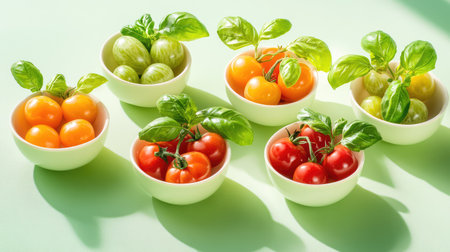 Assorted cherry tomatoes and green basil arranged in small bowls, vibrant hues and natural lighting for fresh food conceptの素材