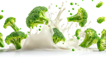 Bright green broccoli florets mid-splash in white creamy liquid, isolated on pure white backgroundの素材