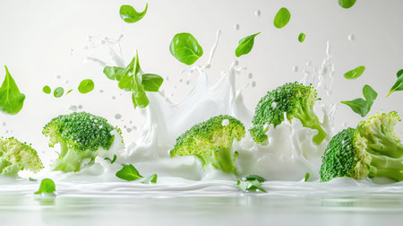 Artistic splash of broccoli in white fluid, suspended motion and freshness on white backgroundの素材