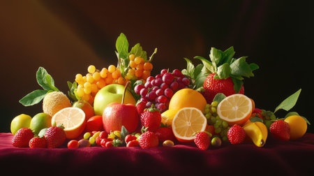 Colorful fresh produce arranged artfully on a dark background, rich tones and contrasting shadowsの素材