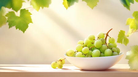 Fresh green grapes in white bowl, soft lighting enhances their juicy shine and rich colorの素材