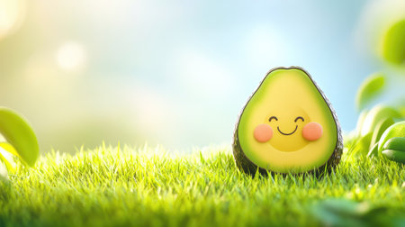 Cheerful avocado illustration resting on vibrant green grass, friendly concept for healthy snacksの素材