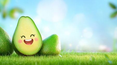 Cartoon-style avocado with happy face on grass background, perfect for food campaigns for kidsの素材