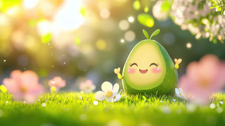 Fun food character with smiling face, cute avocado on green lawn under sunny lightの素材