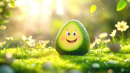 Bright green avocado character with cute eyes smiling on a bed of grass, fun and lighthearted imageの素材