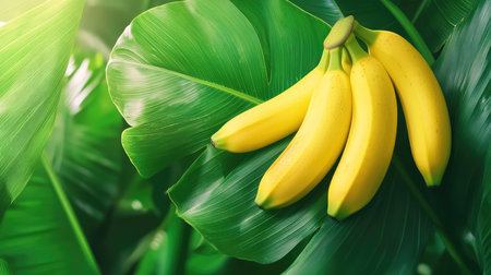 Bunch of ripe yellow bananas resting on large dark tropical leaves, rich contrast and natural textureの素材