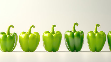 Clean and modern image of green peppers in a row, white background emphasizing natural color and formの素材