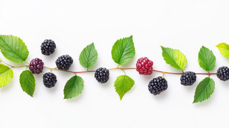 Fresh dark blackberries arranged in a row with leaves, clean composition against white backgroundの素材
