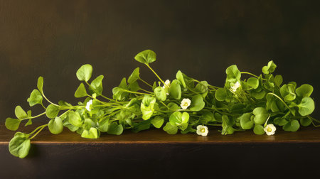 Crisp watercress bunches arranged on a dark textured surface, moisture and leaf detail in sharp focusの素材