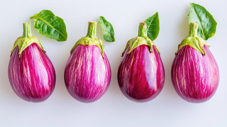 Group of four eggplants arranged on white background, minimalistic food concept with bold colorの素材
