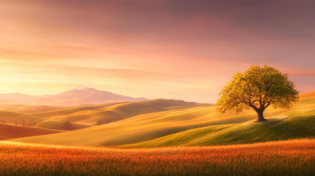 Golden hour glow over a solitary oak tree, wide field bathed in light, peaceful and timeless landscapeの素材