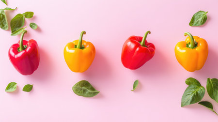 Four fresh bell peppers placed evenly on white, simple yet vibrant setup for healthy food visualsの素材