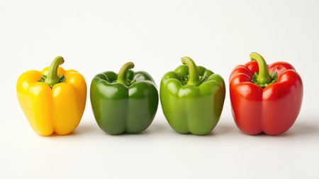 Four fresh bell peppers placed evenly on white, simple yet vibrant setup for healthy food visualsの素材