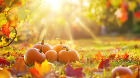 Close-up of young pumpkins nestled among leaves in a garden, soft warm light of fall morningの素材