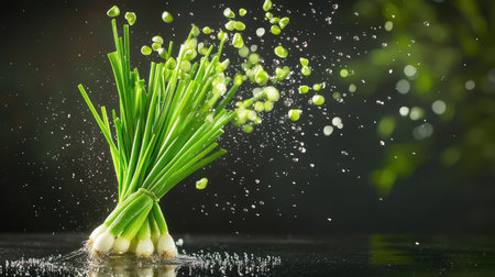 Fresh scallions with sparkling water droplets, dark background adds contrast and intensityの素材
