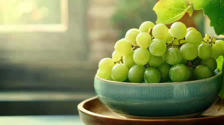 Healthy green grapes arranged in ceramic bowl, close-up focus on gloss and detailの素材