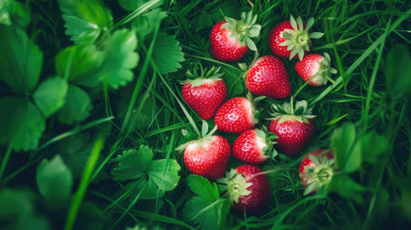 Healthy snack concept featuring ripe strawberries laid across green grass, moody dark setting adds eleganceの素材