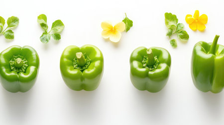 Healthy green bell peppers on bright white surface, aligned to highlight freshness and uniformityの素材