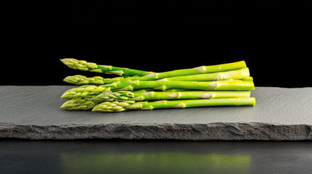 Healthy asparagus placed on black slate surface, rustic and gourmet food photographyの素材