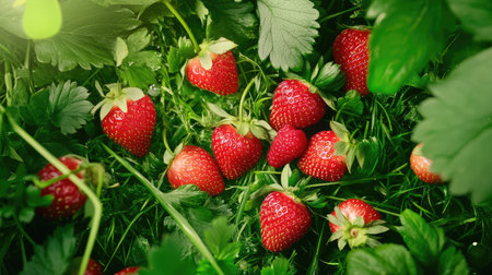 Healthy snack concept featuring ripe strawberries laid across green grass, moody dark setting adds eleganceの素材