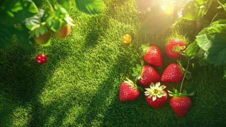Healthy ripe strawberries on a bed of green grass, surrounded by deep shadows, ideal for fresh food imageryの素材