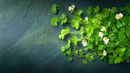 Healthy watercress bunches on slate surface, rich green tones enhanced by soft lightingの素材