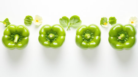 Isolated top view of four green bell peppers on a white background, fresh and balanced compositionの素材