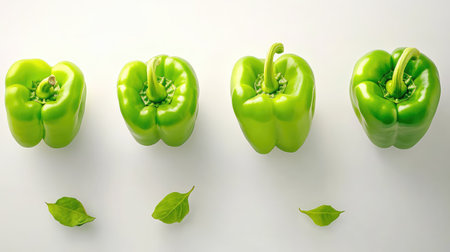 Isolated top view of four green bell peppers on a white background, fresh and balanced compositionの素材